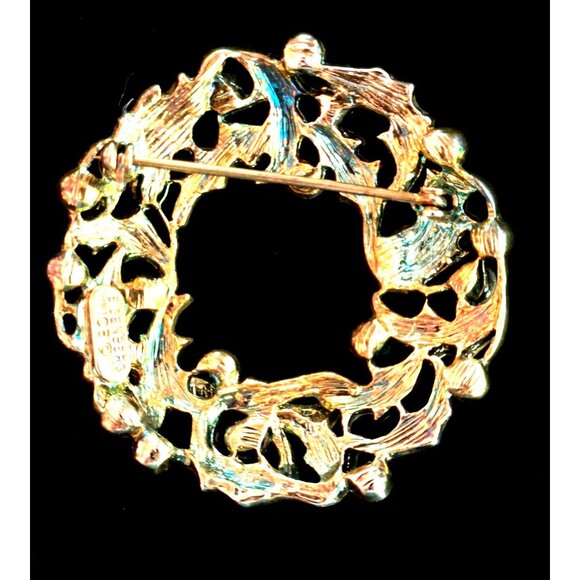 Eisenberg Ice Christmas Wreath Brooch Vintage Green & Red Rhinestones Gold-Tone - Picture 4 of 9